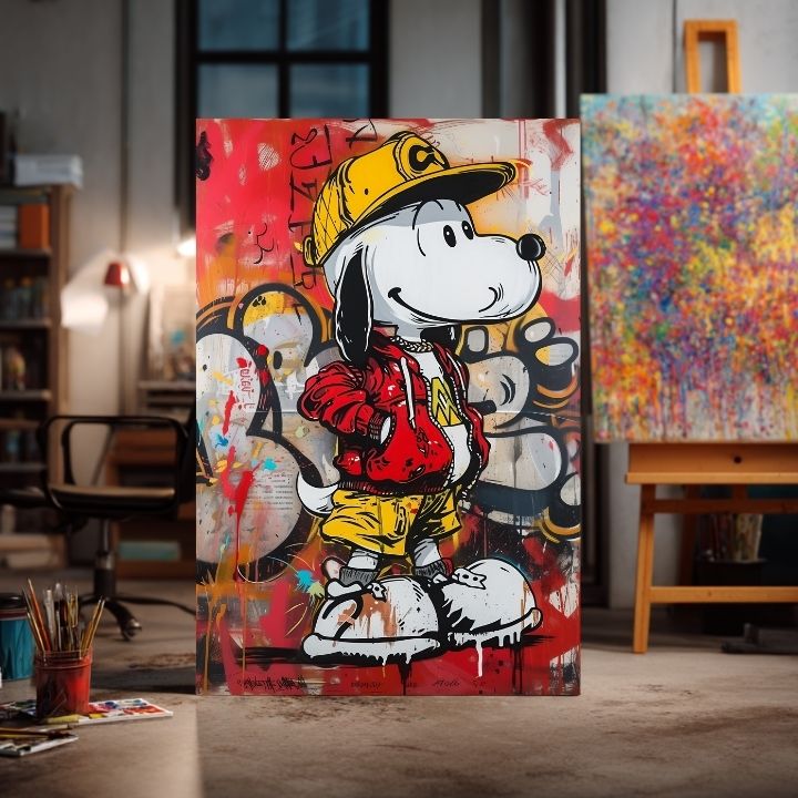 Moderný obraz na plátne s motívom Cool Snoopy na plátne v červeno-žltých odtieňoch, energická atmosféra, popkultúra a mestský život | Obraz Cool Snoopy na plátne – produkt, pohľad 2