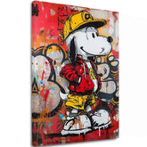 Moderný obraz na plátne s motívom Cool Snoopy na plátne v červeno-žltých odtieňoch, energická atmosféra, popkultúra a mestský život | Obraz Cool Snoopy na plátne – hlavný