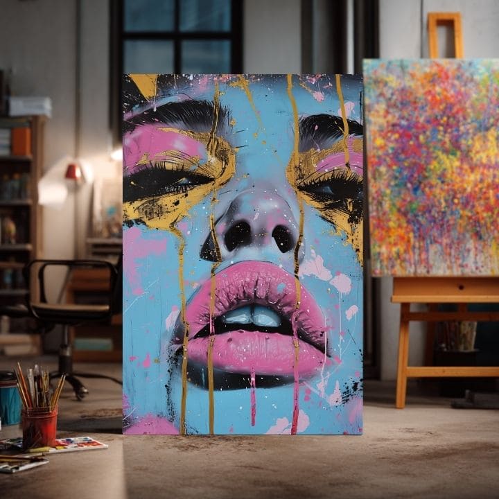 Ručne maľovaný obraz na plátne s motívom Neon Lips na plátne v modro-zlatých odtieňoch, odvážna atmosféra, krása | Obraz Neon Lips na plátne – produkt