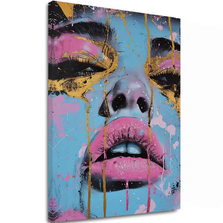 Ručne maľovaný obraz na plátne s motívom Neon Lips na plátne v modro-zlatých odtieňoch, odvážna atmosféra, krása | Obraz Neon Lips na plátne – hlavný