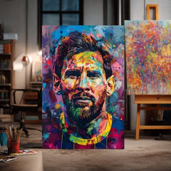 Moderný obraz na plátne s motívom Messi Vibes na plátne v žlto-fialových odtieňoch, energická atmosféra, sláva | Obraz Messi Vibes na plátne – produkt