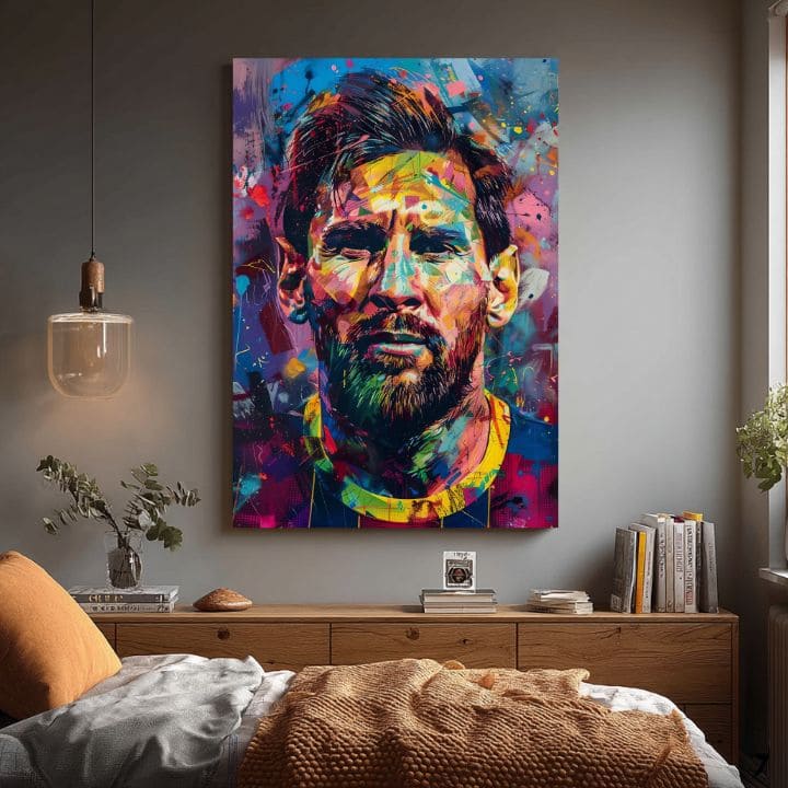 Moderný obraz na plátne s motívom Messi Vibes na plátne v žlto-fialových odtieňoch, energická atmosféra, sláva | Obraz Messi Vibes na plátne – produkt, pohľad 2