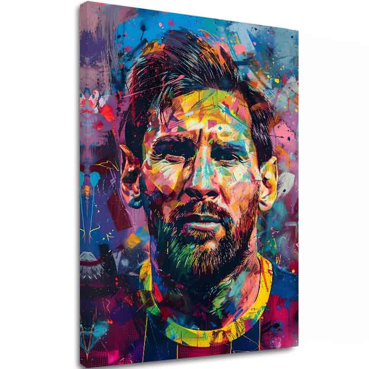 Moderný obraz na plátne s motívom Messi Vibes na plátne v žlto-fialových odtieňoch, energická atmosféra, sláva | Obraz Messi Vibes na plátne – hlavný