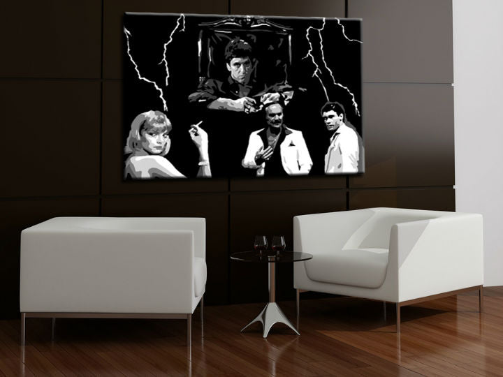 Ručne maľovaný obraz na plátne s motívom AL PACINO v čierno-bielych odtieňoch zavesený v interiéri obývačky, dramatická atmosféra, sila a moc – interiér