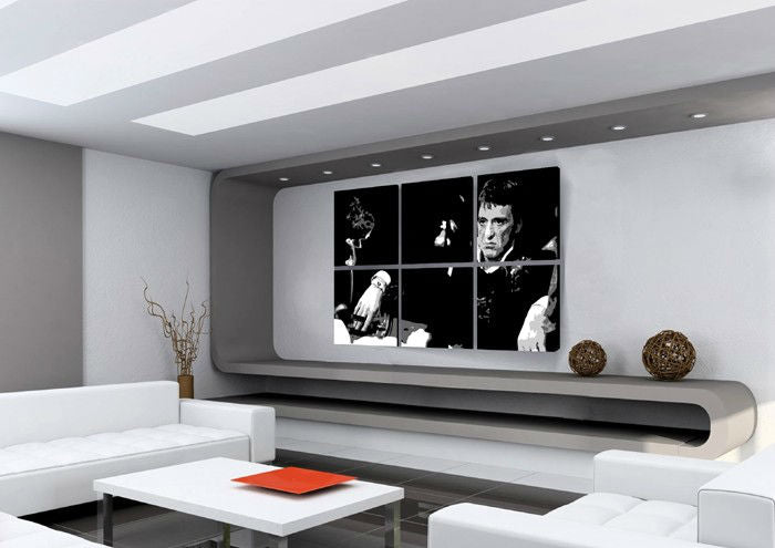 Ručne maľovaný obraz na plátne s motívom SCARFACE-AL PACINO v čierno-bielych odtieňoch, dramatická atmosféra, filmový svet a luxusný dojem | Ručne maľovaný POP Art obraz SCARFACE-AL PACINO – hlavný