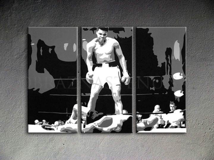Ručne maľovaný obraz na plátne s motívom Muhamad Ali v čierno-bielych odtieňoch, intenzívna atmosféra, sila | Ručne maľovaný POP Art obraz Muhamad Ali – produkt