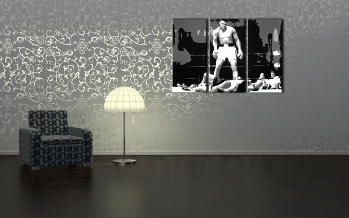 Ručne maľovaný obraz na plátne s motívom Muhamad Ali v čierno-bielych odtieňoch, intenzívna atmosféra, sila | Ručne maľovaný POP Art obraz Muhamad Ali – hlavný