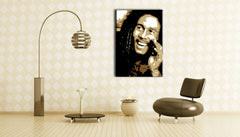 Ručne maľovaný obraz na plátne s motívom Bob Marley v čierno-bielych odtieňoch zavesený v interiéri obývačky, radostná atmosféra | Ručne maľovaný POP Art obraz Bob Marley – interiér