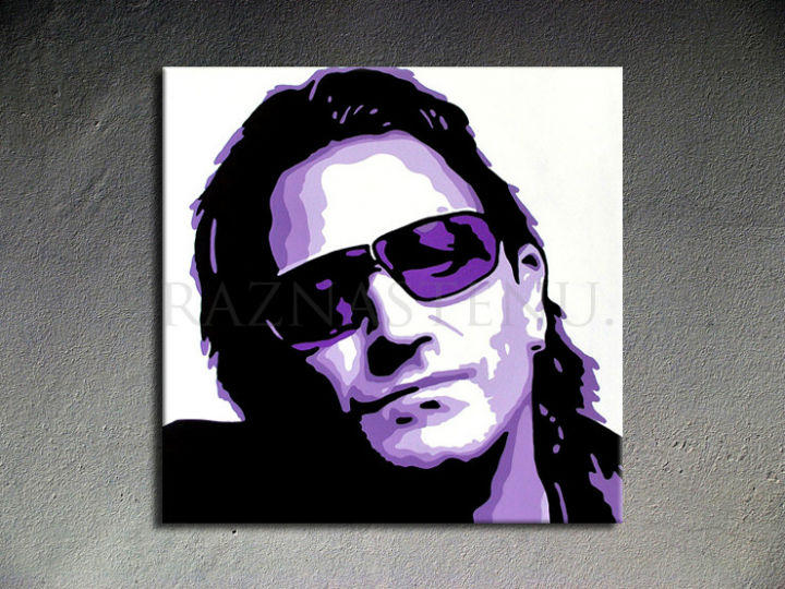Ručne maľovaný obraz na plátne s motívom Bono-U2 v fialovo-čiernych odtieňoch, tajomstvo a mestský život | Ručne maľovaný POP Art obraz Bono-U2 – produkt