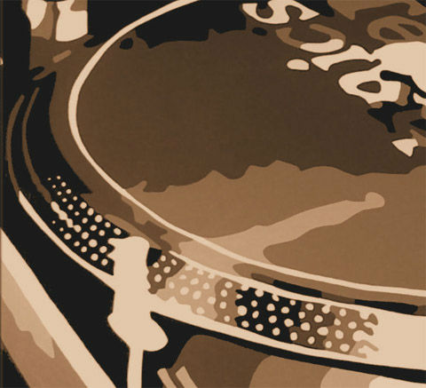 Ručne maľovaný obraz na plátne s motívom DJ v hnedých odtieňoch, nostalgická atmosféra, hudobná história | Ručne maľovaný POP Art obraz DJ – produkt, pohľad 2