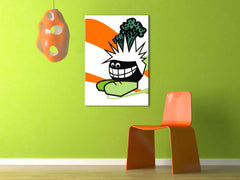 Ručne maľovaný obraz na plátne s motívom Funny v bielo-zelených odtieňoch zavesený v interiéri obývačky, hravá atmosféra | Ručne maľovaný POP Art obraz Funny – interiér