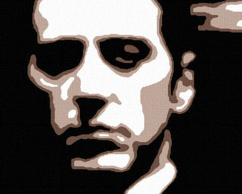 Ručne maľovaný obraz na plátne s motívom GODFATHER v čierno-bielych odtieňoch, dramatická atmosféra, minimalizmus | Ručne maľovaný POP Art obraz GODFATHER – produkt, pohľad 2