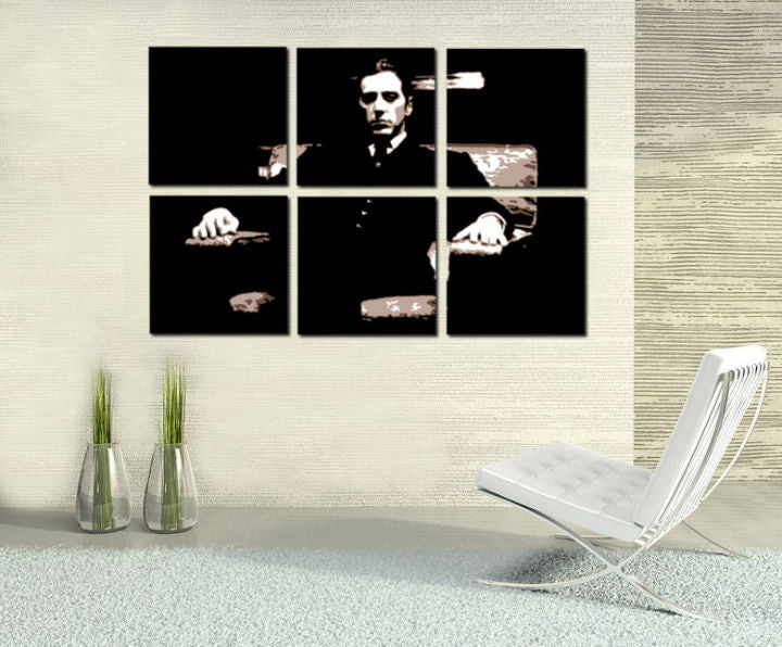 Ručne maľovaný obraz na plátne s motívom GODFATHER v čierno-bielych odtieňoch, dramatická atmosféra, minimalizmus | Ručne maľovaný POP Art obraz GODFATHER – hlavný