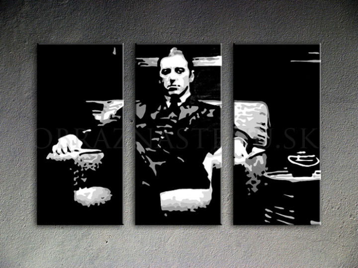 Ručne maľovaný obraz na plátne s motívom GODFATHER, šálka kávy v čierno-bielych odtieňoch, sila a moc a filmový svet | Ručne maľovaný POP Art obraz GODFATHER – produkt