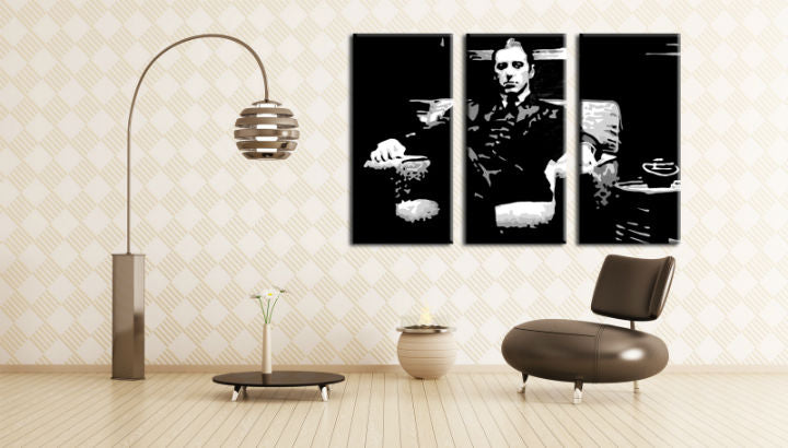 Ručne maľovaný obraz na plátne s motívom GODFATHER, šálka kávy v čierno-bielych odtieňoch, sila a moc a filmový svet | Ručne maľovaný POP Art obraz GODFATHER – hlavný