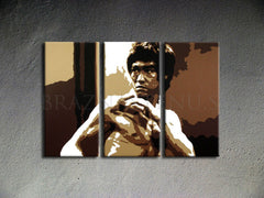 Ručne maľovaný obraz na plátne s motívom AL Bruce Lee v hnedo-bielych odtieňoch, intenzívna atmosféra, sila a ikonografia | Ručne maľovaný POP Art obraz AL Bruce Lee – produkt
