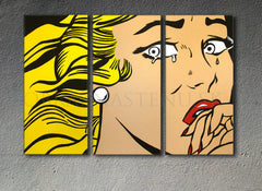Ručne maľovaný obraz na plátne s motívom LICHTENSTEIN, vlasy v žlto-čiernych odtieňoch, melancholická atmosféra, popkultúra | Ručne maľovaný POP Art obraz LICHTENSTEIN – produkt