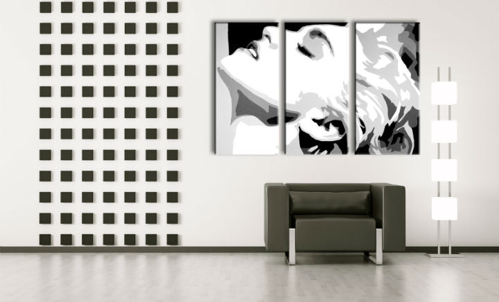 Ručne maľovaný obraz na plátne s motívom MADONNA v bielo-čiernych odtieňoch, dramatická atmosféra, hollywoodsky glamúr a sláva | Ručne maľovaný POP Art obraz MADONNA – hlavný