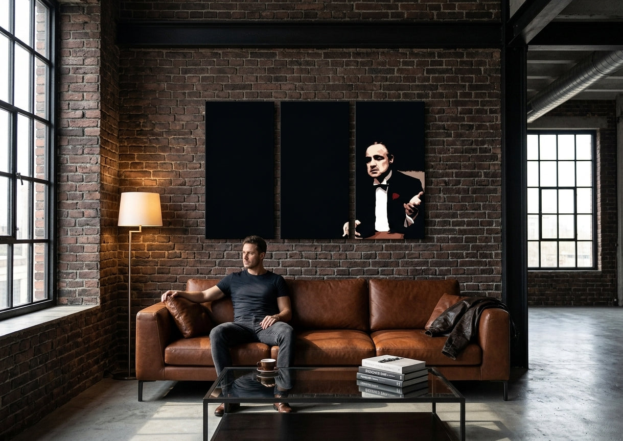 Pop art obraz na plátne s motívom Marlon Brando, príroda v čiernych odtieňoch zavesený v interiéri obývačky, dramatická atmosféra, sila a moc a elegancia – interiér, pohľad 3