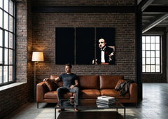 Pop art obraz na plátne s motívom Marlon Brando, príroda v čiernych odtieňoch zavesený v interiéri obývačky, dramatická atmosféra, sila a moc a elegancia – interiér, pohľad 3