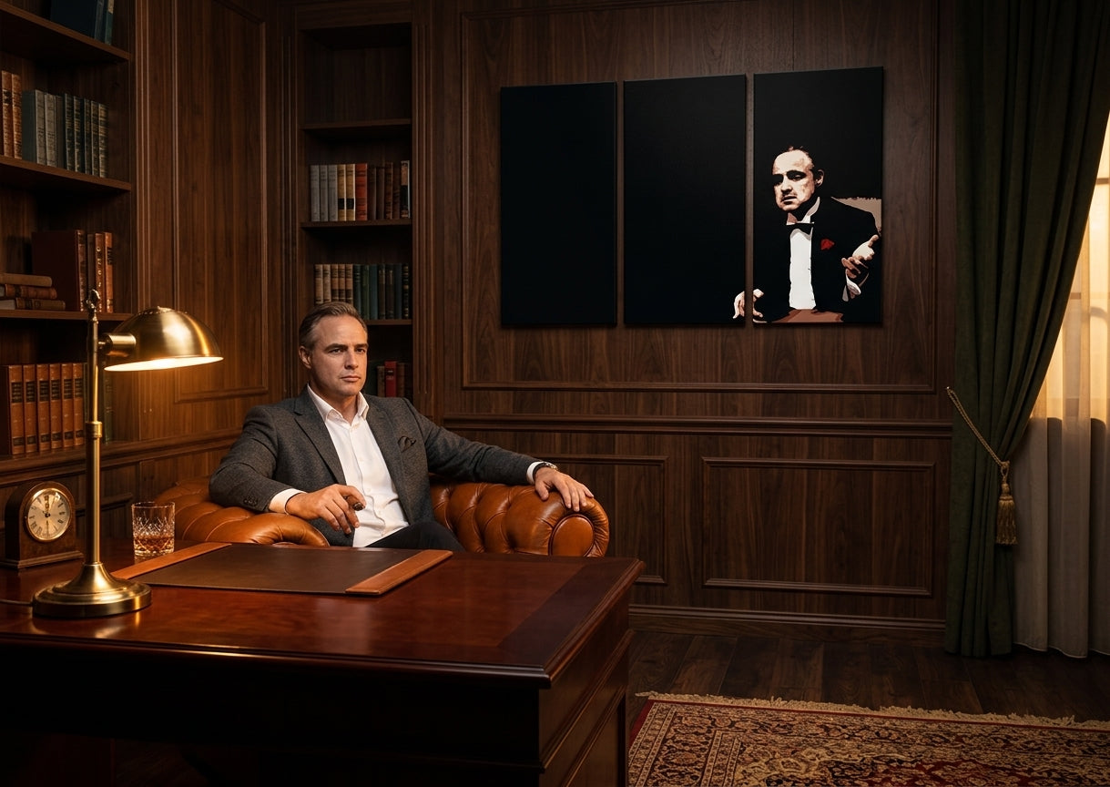Pop art obraz na plátne s motívom Marlon Brando, príroda v čiernych odtieňoch zavesený v interiéri obývačky, dramatická atmosféra, sila a moc a elegancia – interiér