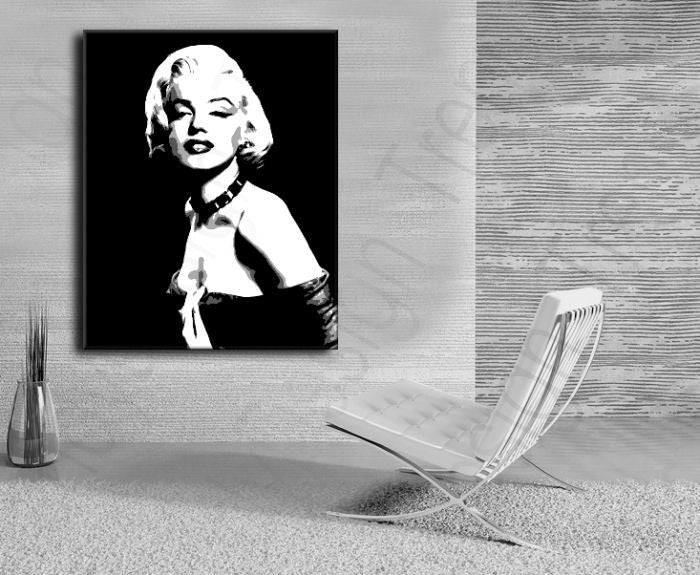 Ručne maľovaný obraz na plátne s motívom Marilyn Monroe v čierno-bielych odtieňoch, dramatická atmosféra, sláva a ikonografia | Ručne maľovaný POP Art obraz Marilyn Monroe – produkt