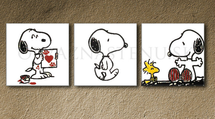 Ručne maľovaný obraz na plátne s motívom SNOOPY, vták v bielo-čiernych odtieňoch, hravá atmosféra, láska a nostalgia | Ručne maľovaný POP Art obraz SNOOPY – produkt
