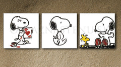 Ručne maľovaný obraz na plátne s motívom SNOOPY, vták v bielo-čiernych odtieňoch, hravá atmosféra, láska a nostalgia | Ručne maľovaný POP Art obraz SNOOPY – produkt
