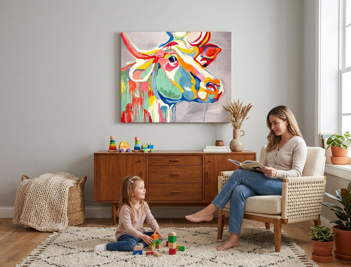 Pop art obraz na plátne s motívom BYVOL, detský motív, krajina vo viacfarebných odtieňoch zavesený v interiéri kuchyne, hravá atmosféra, príroda a kreativita – interiér