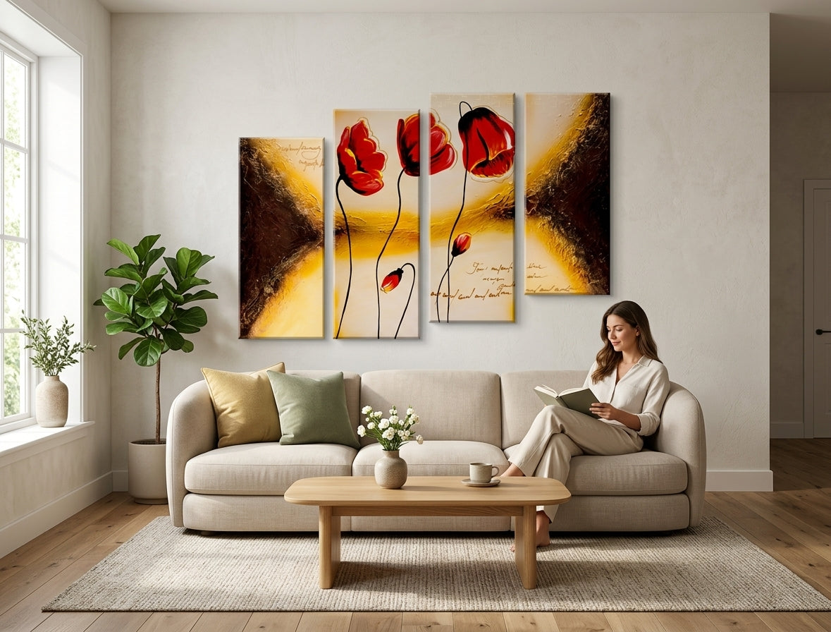 Industriálny obraz na plátne s motívom maky, kvety, príroda v hnedo-zlatých odtieňoch zavesený v interiéri chodby, elegantná atmosféra, príroda a elegancia – interiér
