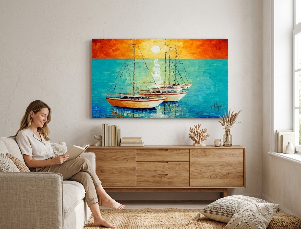 V boho štýle obraz na plátne s motívom LODE, slnko, more a pláž v modro-tyrkysových odtieňoch zavesený v interiéri obývačky, pokojná atmosféra – interiér