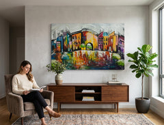 V boho štýle obraz na plátne s motívom ulica, stromy, mestský motív, príroda v modro-oranžových odtieňoch zavesený v interiéri kancelárie, mestský život a zamyslenie – interiér