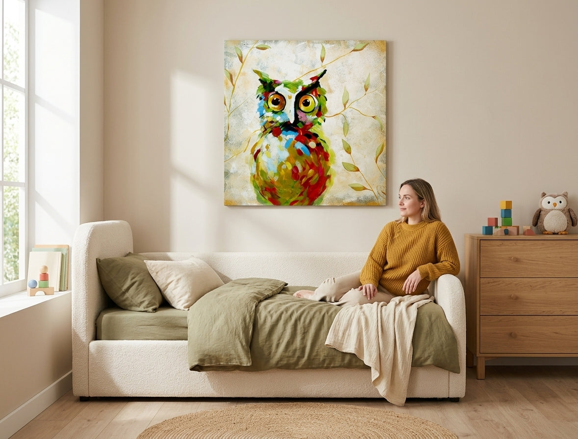 V boho štýle obraz na plátne s motívom SOVA, vták, vetvy, listy, príroda vo viacfarebných odtieňoch zavesený v interiéri obývačky, rozmarná atmosféra – interiér