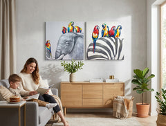 V boho štýle obraz na plátne s motívom slon, detský motív, zviera vo viacfarebných odtieňoch zavesený v interiéri detskej izby, hravá atmosféra – interiér