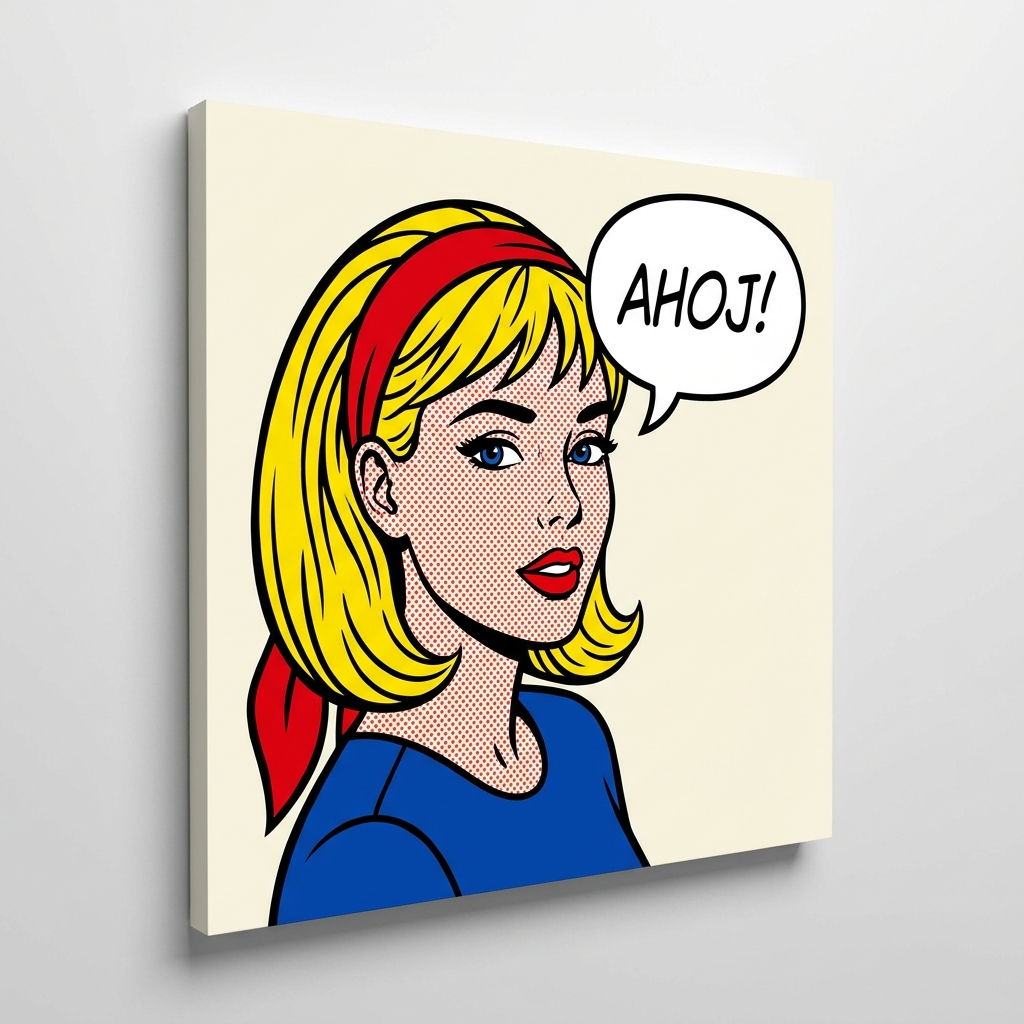Komiksový pop-art obraz z fotky na plátne — portrét ženy v štýle Roy Lichtenstein s komiksovou bublinou AHOJ, darček Papilora