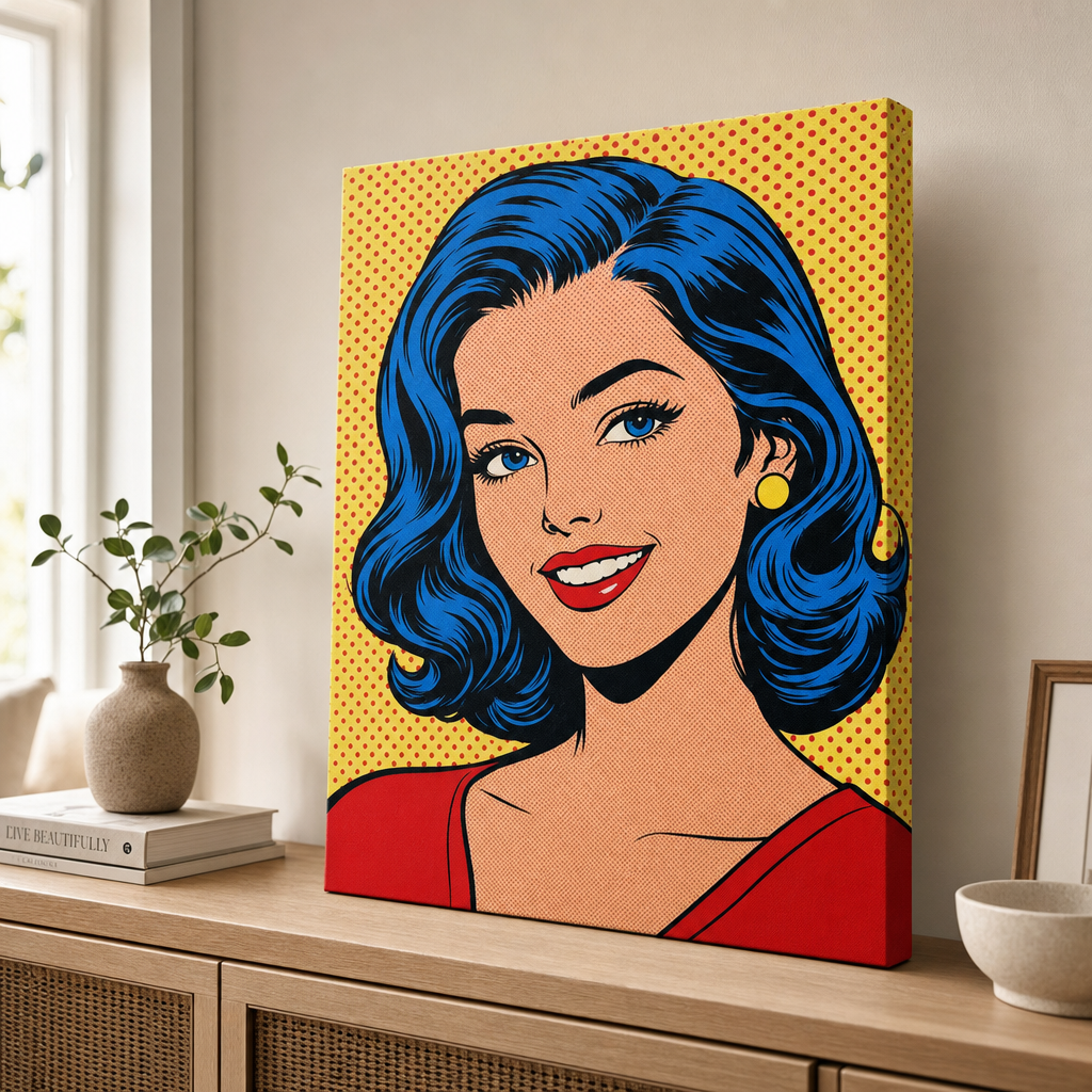 Komiksový pop-art obraz na plátne v interiéri z boku — plná potlač na celej ploche, bočná hrana zrkadlovo potlačená, bez vonkajšieho rámu, Papilora