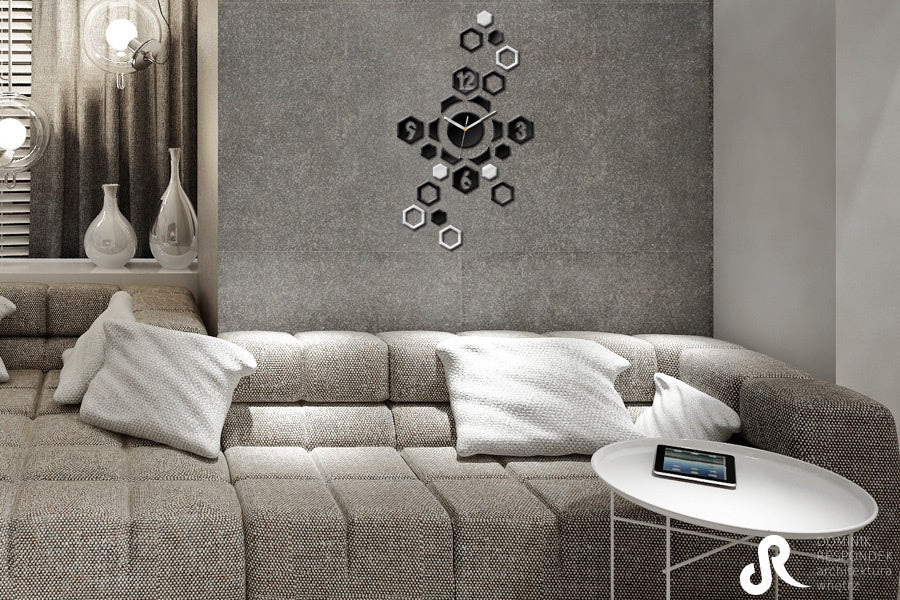 Moderný obraz s motívom HEXAGON, detský motív v bielo-strieborných odtieňoch | Moderné nástenné hodiny HEXAGON, čas a minimalizmus – náhľad