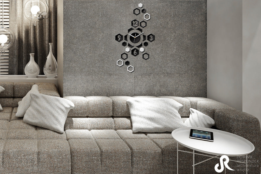 Moderný obraz na plátne s motívom HEXAGON, detský motív v bielo-strieborných odtieňoch zavesený v interiéri kancelárie, pokojná atmosféra, čas a minimalizmus – interiér