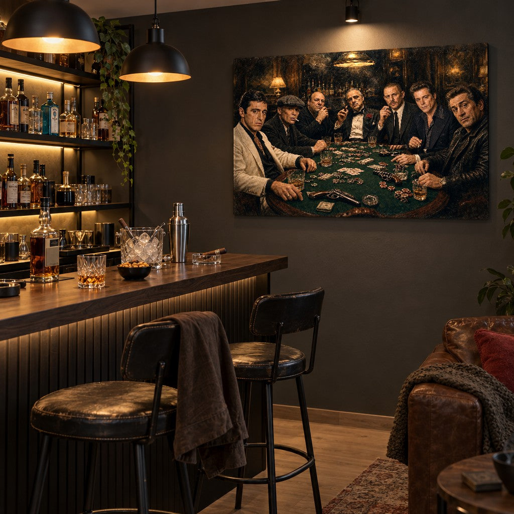 Obraz mafiánov pri pokri pri domácom bare s whisky