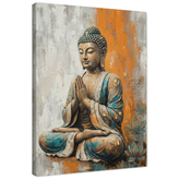 Obraz jedna postava sediaceho Budhu v meditačnej póze s rukami zopnutými v modlitbe na plátne — 3D vizualizácia canvasu s viditeľným dreveným podrámkom, Papilora Premium Art.