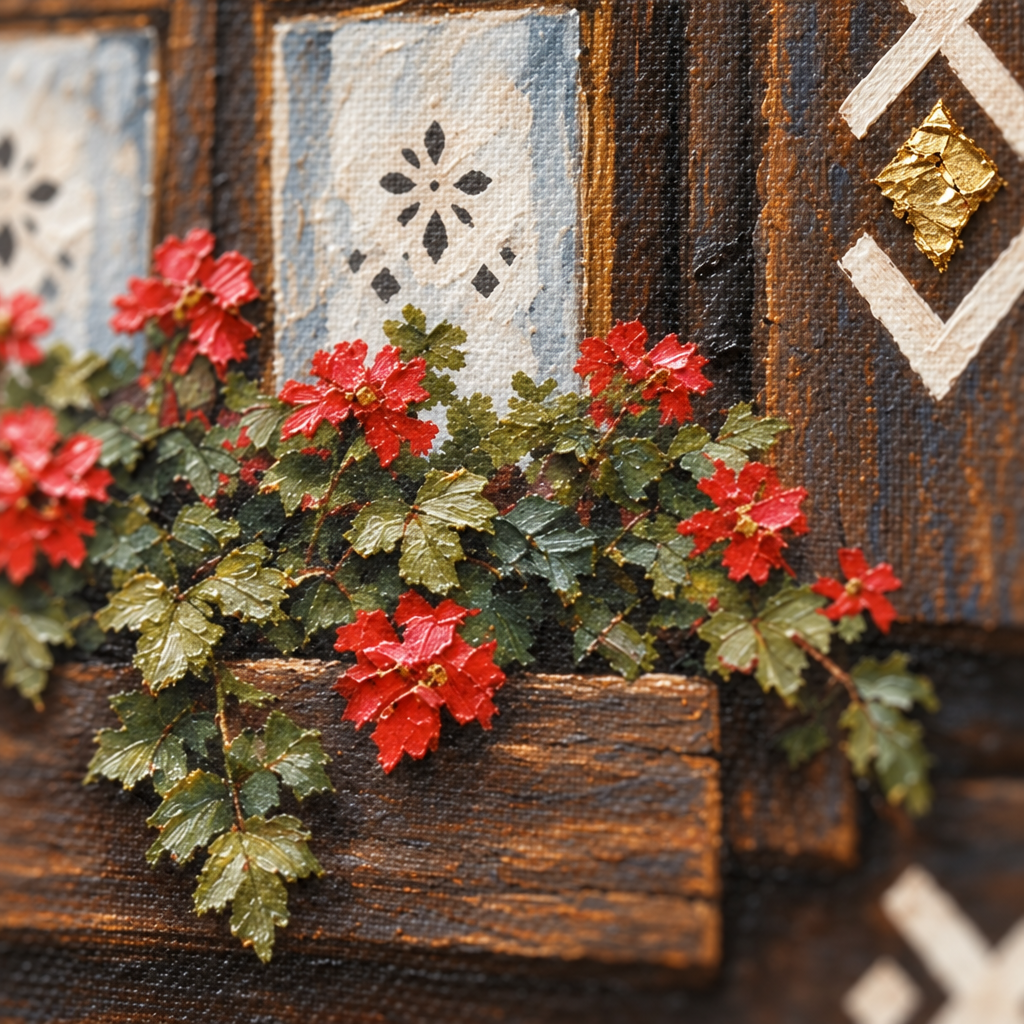 Makro detail ručne maľovaných impasto ťahov akrylovou farbou na povrchu kvetov, viditeľná textúra a reliéf — Papilora Crafted for Home.