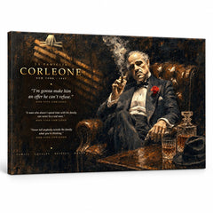 Obraz Krstný otec – Don Vito Corleone v koženom kresle s whisky na plátne