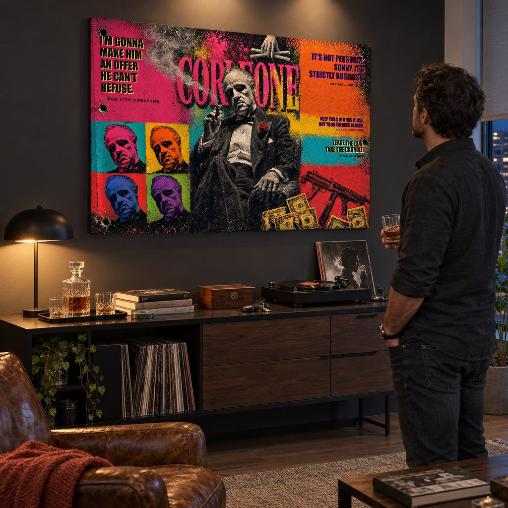 Pop art obraz Krstný otec v pánskej pracovni, muž s whisky sa pozerá na obraz