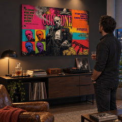 Pop art obraz Krstný otec v pánskej pracovni, muž s whisky sa pozerá na obraz