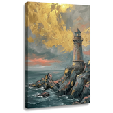 Obraz maják na skalnatom útese v rozbúrenom mori na plátne — 3D vizualizácia canvasu s viditeľným dreveným podrámkom, Papilora Premium Art.