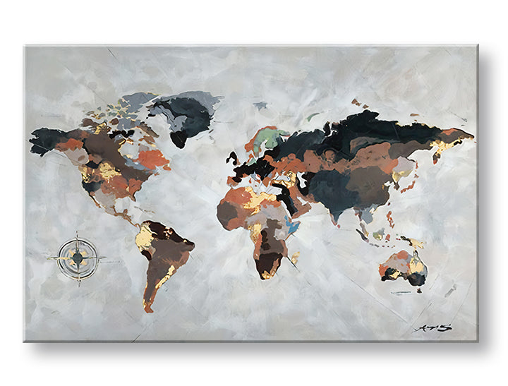 Industriálny obraz na plátne s motívom MAPA SVETA, mapa v hnedo-sivých odtieňoch, sofistikovaná atmosféra, vhodný do kancelárie | Obraz na plátne MAPA SVETA – hlavný