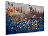Moderný obraz na plátne s motívom LÚKA, pole, kvety, príroda v modro-oranžových odtieňoch, snová atmosféra, príroda a pokojná atmosféra, vhodný do spálne – produkt