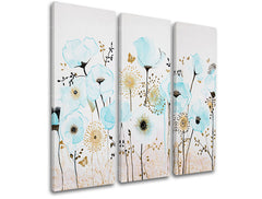 Industriálny obraz na plátne s motívom kvety, maky, púpavy, motýle, príroda v bielo-modrých odtieňoch, pokojná atmosféra, príroda a jarná atmosféra – hlavný