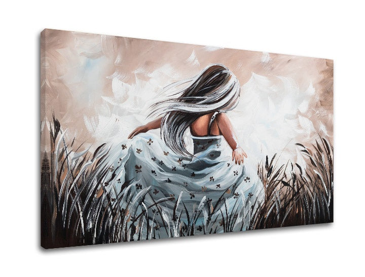 Geometrický obraz s motívom DIEVČA, šaty, obloha v béžovo-hnedých odtieňoch | Obraz na plátne DIEVČA, príroda a samota – náhľad