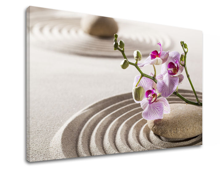 Klasický obraz na plátne s motívom FENG SHUI, orchidea, zenová záhrada, architektúra, detský motív v ružových odtieňoch, pokojná atmosféra, vhodný do obývačky – produkt